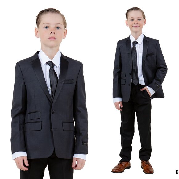 Boys 4pc Charcoal Suit Set Slim-Fit w/ Tuxedo Look by Tazzio - Picture 1 of 4